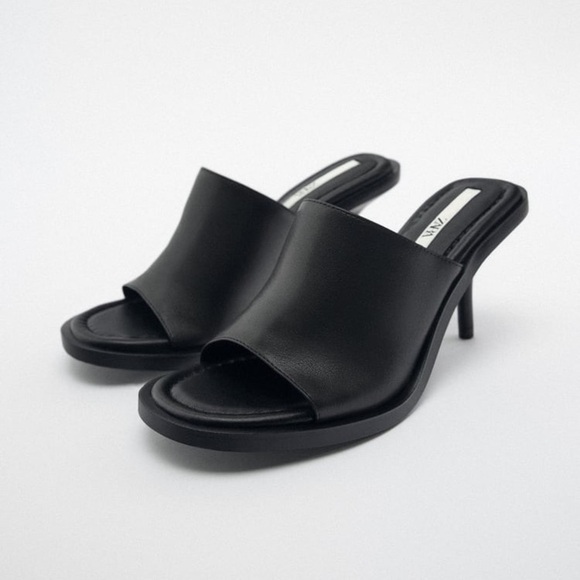 NWT. Zara Black Leather High-Heel Sandals. Size 9. - Picture 2 of 12